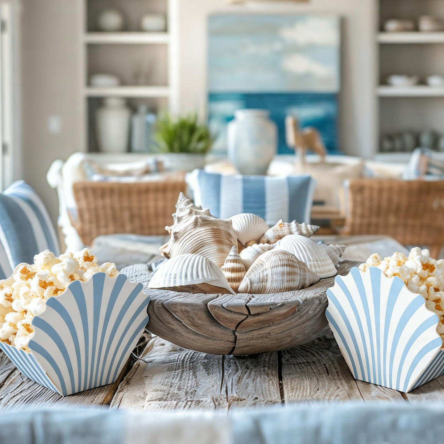 LemonRoad 24 Pcs Scalloped Blue Striped Popcorn Boxes Shell Last Toast on the Coast Party Favor Blue Seashell Treat Boxes for Coastal Beach Mermaid Themed Supplies Ocean Under the Sea Party Favors