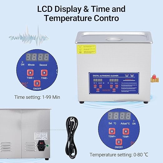 Industrial Heated Ultrasonic Cleaner 6.5L 180W 40kHz，Digital Timer & Temperature Control 0-80°C，Stainless Steel Tank for Tools, Electronics, Jewelry, and Precision Parts