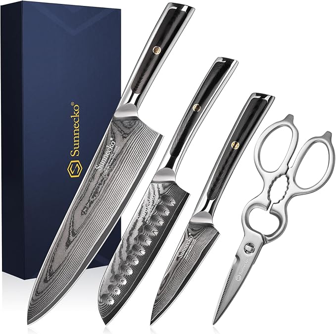 Sunnecko Damascus Kitchen Knife Set 4 Piece, Sharp Chef Knife Set with Kitchen Scissors, Professional Kitchen Knives Sets Full Tang with Gift Box