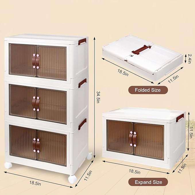 4-Tier Foldable Storage Containers with Wheels, Large Clear Plastic Storage Bins with Lids, Stackable Organizer Boxes, 350 QT Capacity, Save Space, White (4 Tier, 25.8″)