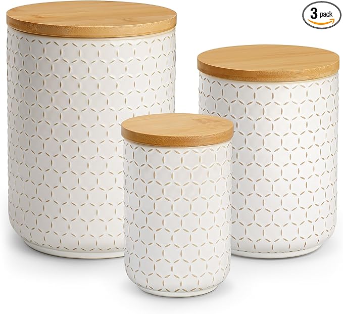 MALACASA Ceramic Canisters Set with Airtight Lids, 80/40/20 oz Coffee Canisters Sets for the Kitchen, Large Jars for Flour, Sugar, Pasta, Coffee, Cookies, Tea - Set of 3, Hexagon