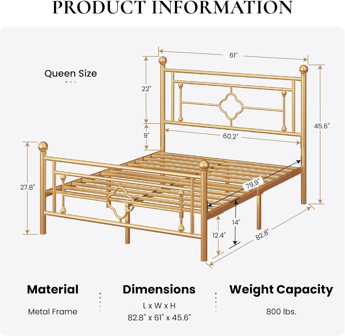 SHA CERLIN 14 Inches Queen Size Metal Platform Bed Frame/Vintage Iron-Art Headboard and Footboard/Mattress Foundation for Storage/No Box Spring Needed/Noise-Free/Easy Assembly/Gold