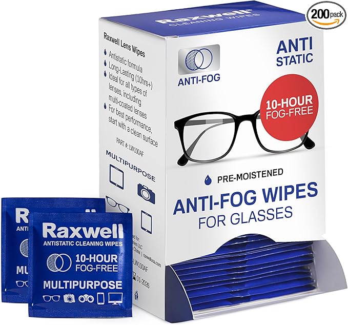 Raxwell Glasses Cleaner Wipes - 200 Count, White, Unscented - Streak-Free Anti-Fog Lens Cleaner & Screen Wipes for All Eyewear & Devices - Portable Individually Wrapped Sachets