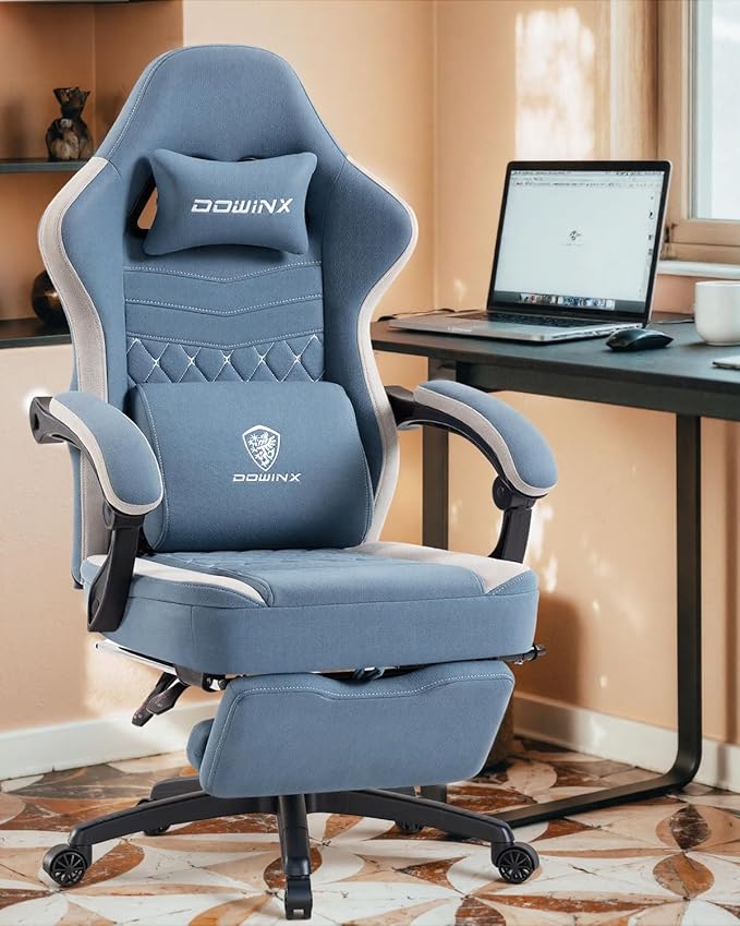 Dowinx Gaming Chair with Footrest, Breathable Fabric Gamer Chair with Gel Pad and Storage Bag, Ergonomic Office Chair with Lumbar Support for Home Task, Blue