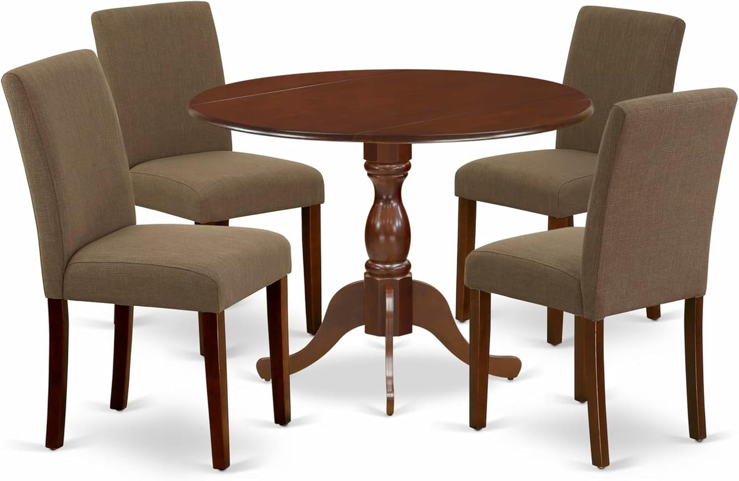 East West Furniture DMAB5-MAH-18 5 Piece Modern Dining Table Set Includes a Round Wooden Table with Dropleaf and 4 Coffee Linen Fabric Upholstered Chairs, 42x42 Inch, Mahogany