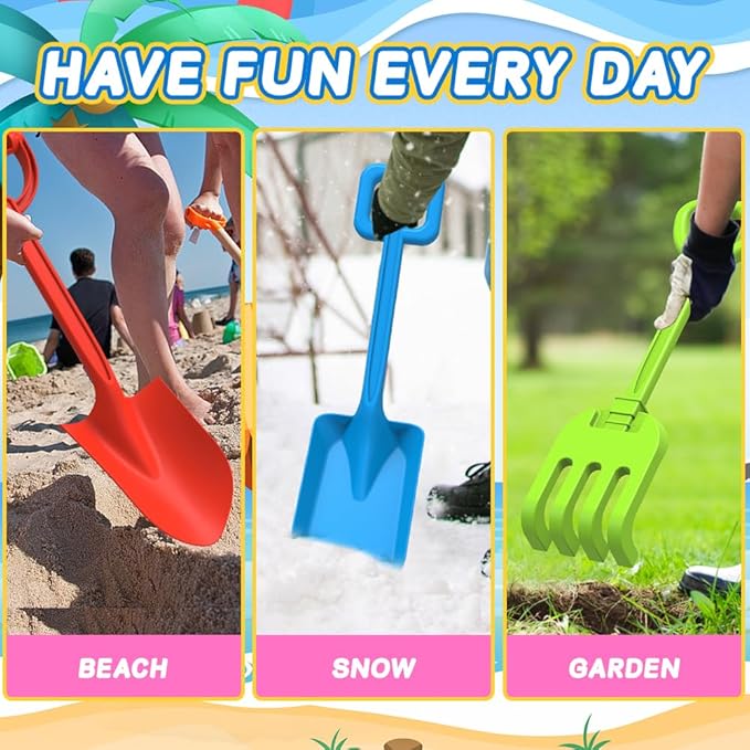 3 PCS Beach Shovel Sand Shovels Snow Toys for Kids Adults, 16 Inch Spade Rake Sandbox, Sturdy Scoop Trowel Garden Digging Planting Tool, Kids Snow Shovel Outdoor Play Summer Vaction Gift Party Favor