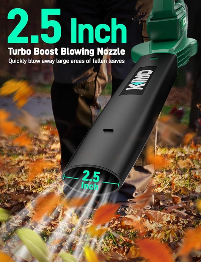 KIMO Leaf Blower Cordless with Battery and Charger, 2 Pack Batteries, Extension Tube, 20000 RPM Variable Speed, Lightweight Cordless Leaf Blower, Battery Operated Leaf Blowers for Lawn Care and Patio