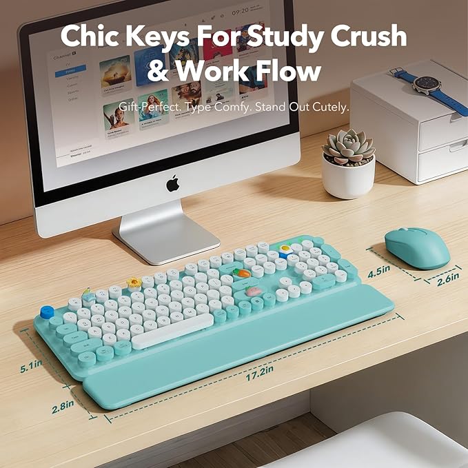 Wireless Keyboard and Mouse Combo, Full-Size Retro Typewriter Keyboard with Detachable Wrist Rest, Round Keycaps, Sleep Mode & Tilt Legs, 2.4GHz Cordless Connection for Windows/PC (Robin Egg Blue)