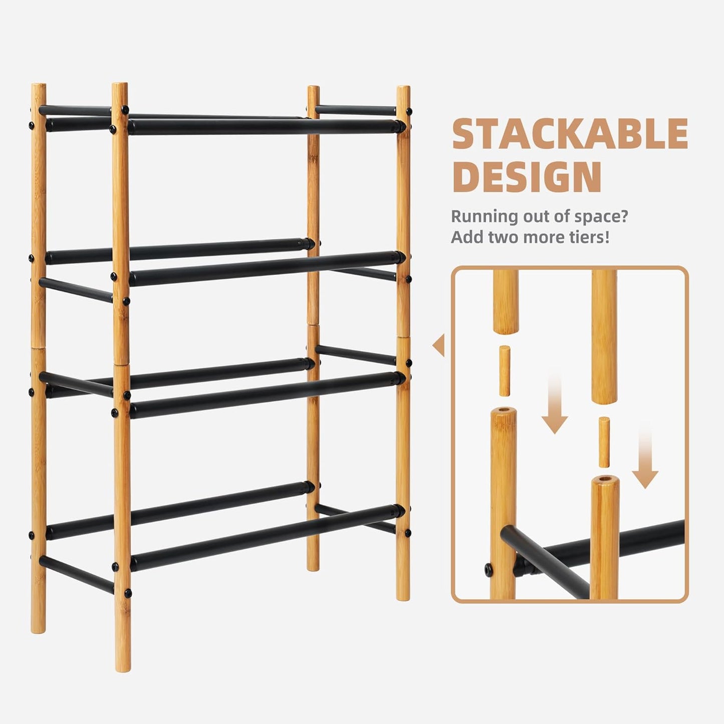 STORAGE MANIAC Expandable Shoe Rack, 8 Pairs Stackable Small Shoe Rack, Metal Adjustable Shoes Organizer for Closet, Entryway, Hallway, Garage, Front Door, Shoes Shelves, Bamboo 2 Tier