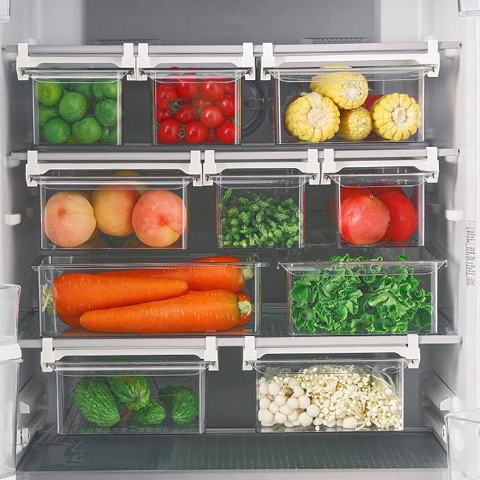 Refrigerator Drawer Organizer Clear PET Fridge Organizer Bin Pull Out Shelf Holder Storage Box for Eggs Fruits Vegetables Drinks
