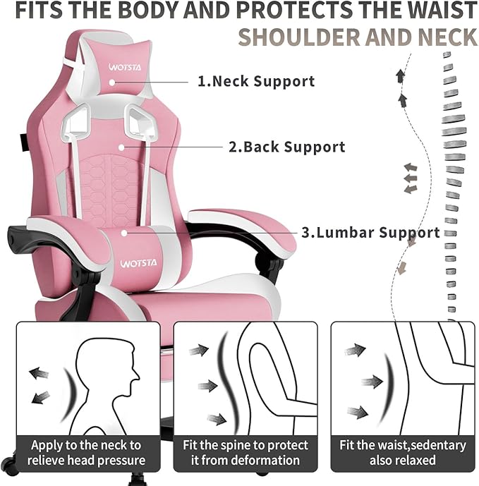 Gaming Chair with Massage,Ergonomic PC Gaming Chair with Footrest Comfortable Headrest and Lumbar Support,High Back Game Chair PVC Leather,300LBS (Pink)