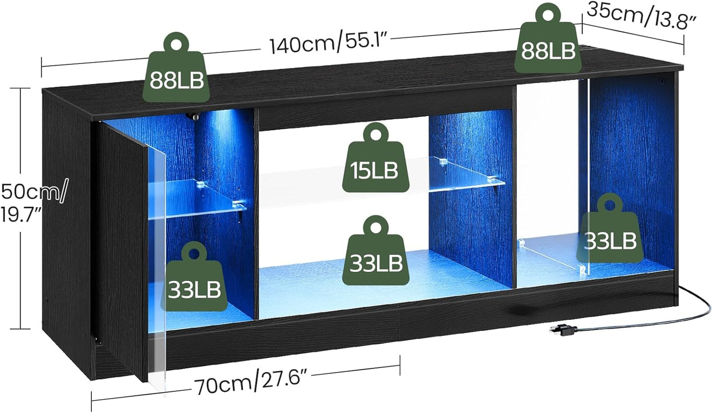 TV Stand with Power Outlets 55 65 inch, Modern Entertainment Center with Multi-Color LED Light, Media TV Console with Adjustable Glass Shelves for Living Room Black MDS01UDBB