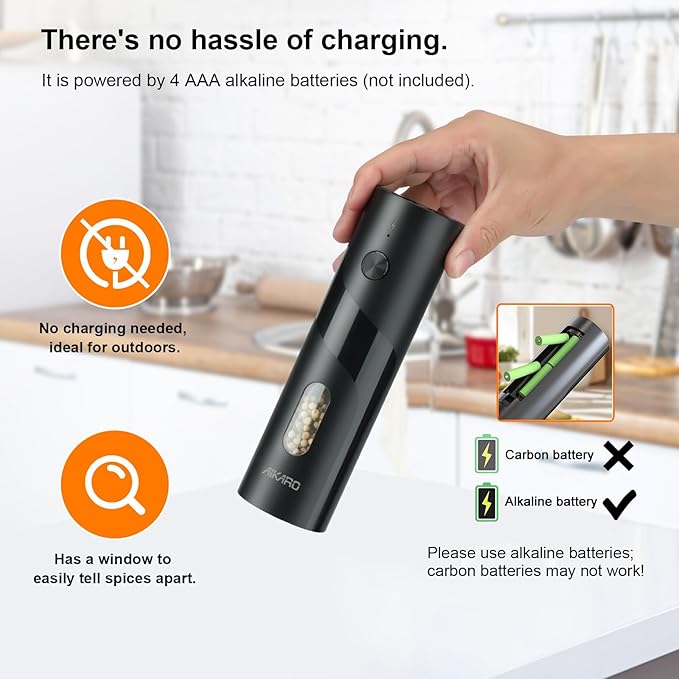 AIKARO - Electric Salt and Pepper Mill Automatic Spice Grinder, Battery Operated