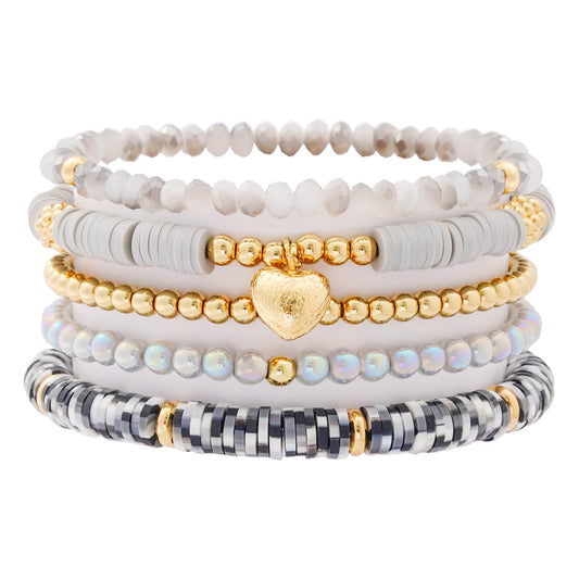 RISHEGAE Heishi Beaded Stretch Bracelets for Women Stackable Gold Polymer Clay Beads Bracelet Friendship Boho Summer Beach Bracelets Jewelry Set (E-Gray Heart)
