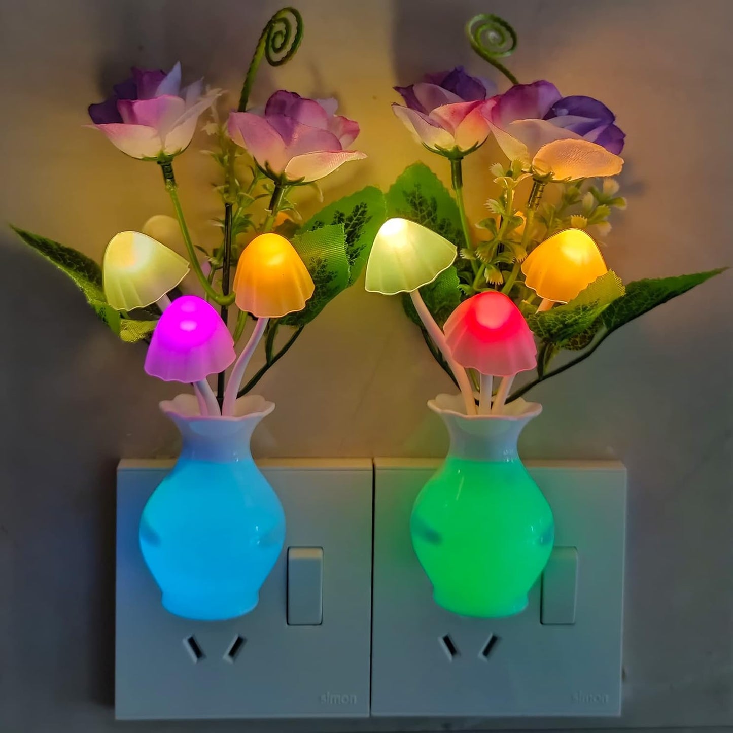 AUSAYE 3Pack Sensor Night Lights Plug into Wall Rose Flower Light, Led Lamp Dream Nightlight Mushroom Night Lights for Kids Adults Room,Bathroom,Kitchen,Hallway