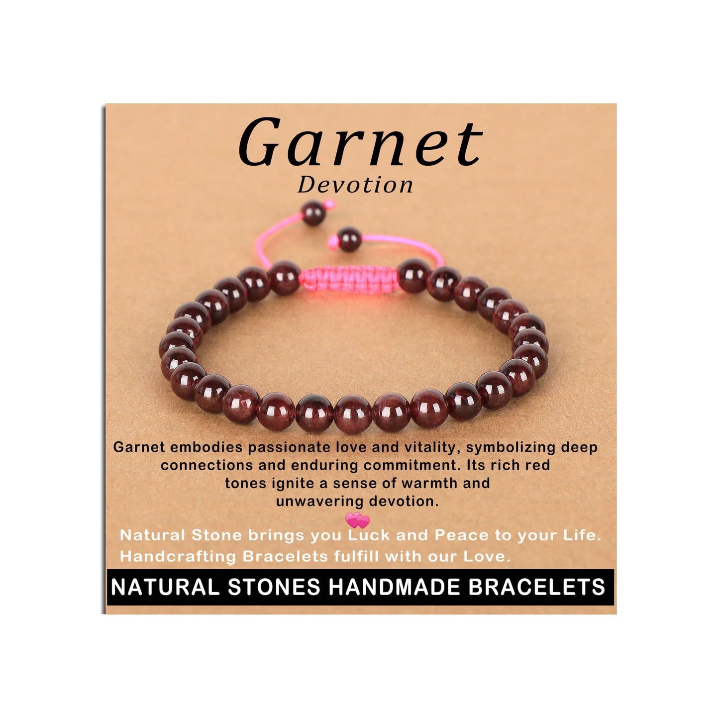 AD Beads 6mm Garnet Bracelet - Stone of Devotion - Handmade Natural Stone Crystal Bracelet with Adjustable Macrame String - Yoga Healing Power Energy Gifts for Men and Women
