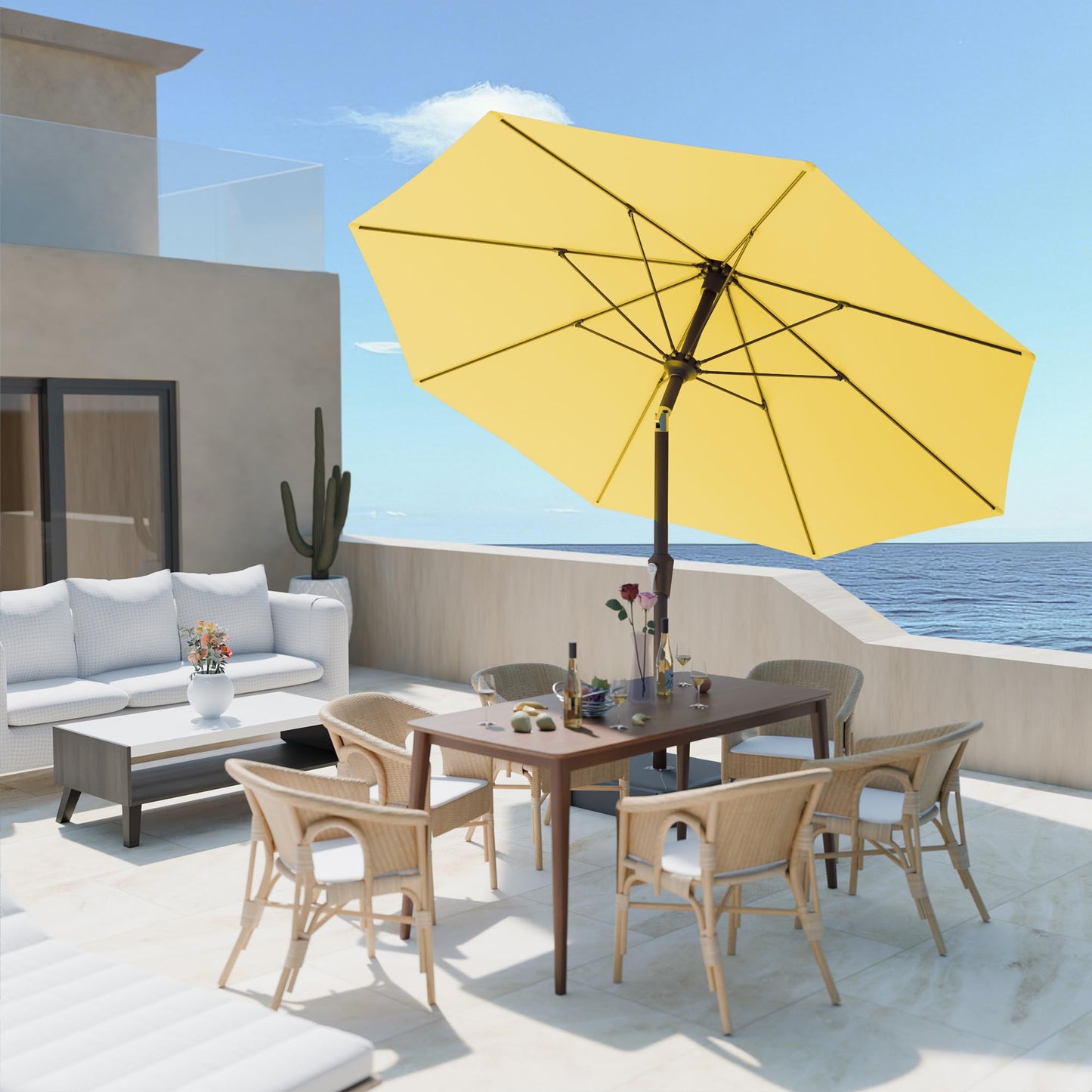 PatioKingdom Auto-Tilt 9FT Patio Umbrella Outdoor with 8 Sturdy Fiberglass Ribs,Market Table Umbrella for Pool,Backyard,Deck and Garden(Yellow)