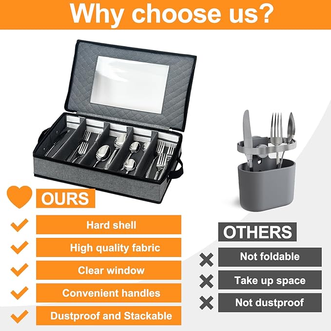 VERONLY Flatware Storage Case, Silverware Storage Box Chest with Dividers, 5 Compartment Cutlery Holder, Light Gray