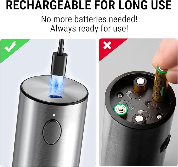 ThermoPro 100ml Electric Salt and Pepper Grinder Set Rechargeable, Automatic Pepper Grinder Shakers with External Adjustment, Refillable Pepper Mill Set with Dust Cover & LED, Stainless Steel 2-Pack