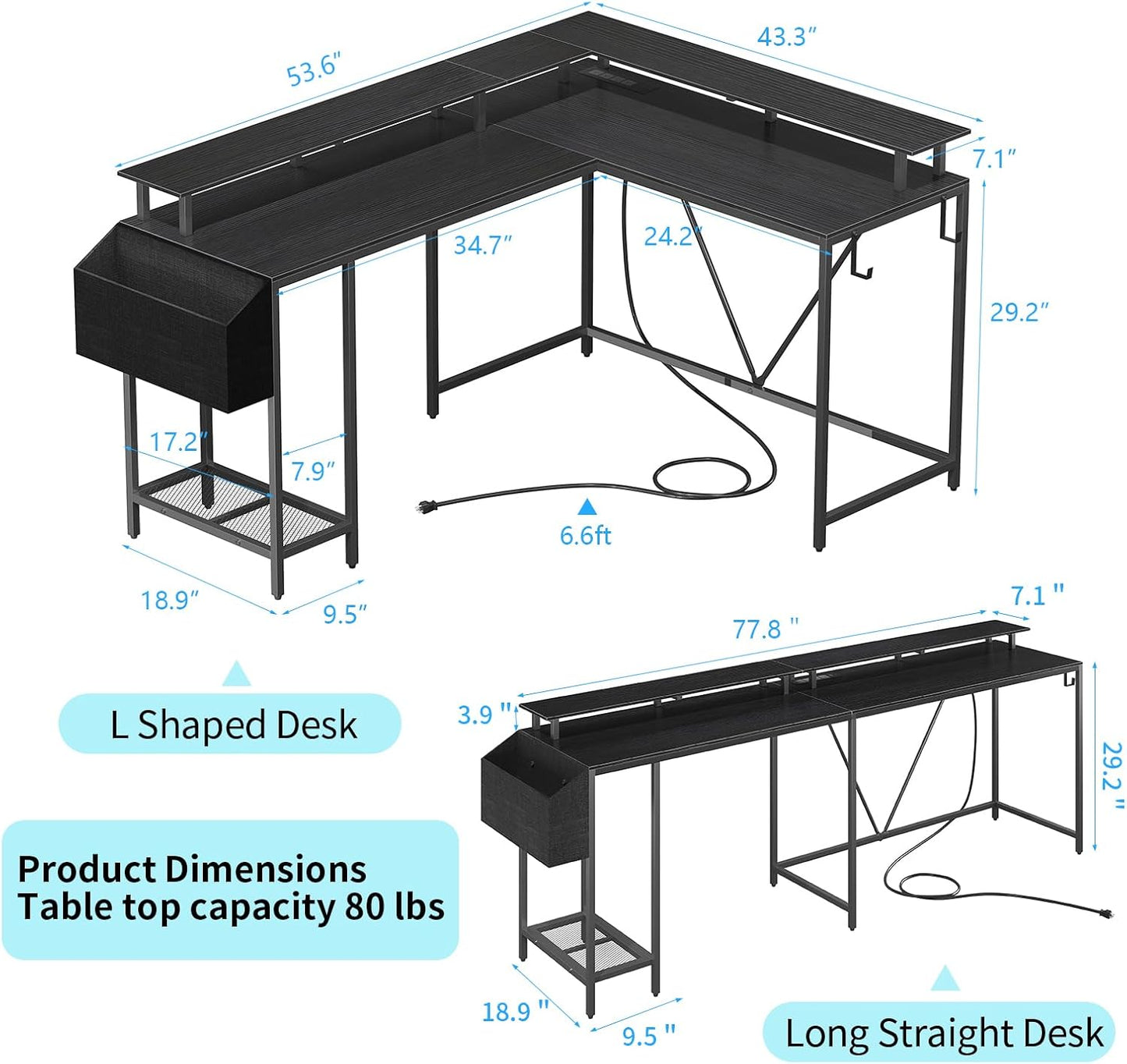 53inch L Shaped Desk,L Shaped Gaming Desk with Power Outlets & LED Lights, Computer Desk with Monitor Stand & Storage Bag, Home Office Desk Corner Desk with Hooks, Easy to Assemble, Black