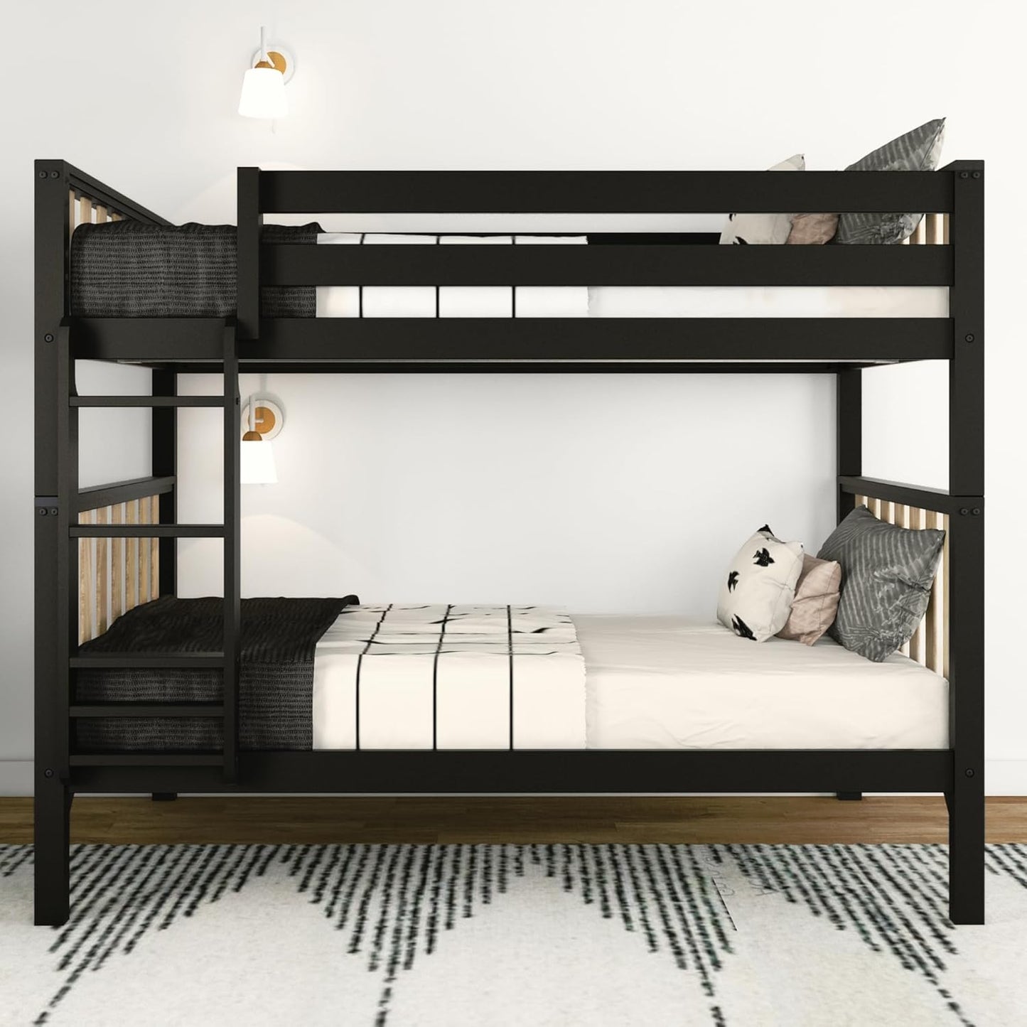 Max & Lily Bunk Bed, Scandinavian Modern Bunk Bed, Solid Wood Twin-Over-Twin Bed Frame for Kids, No Box Spring Needed, Black/Blonde