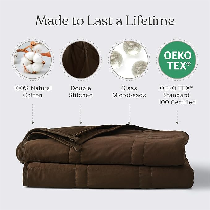 Baloo Weighted Blanket for Adults 12 lb Throw (Cocoa, 42"x72") | Cool & 100% Cotton | Machine Washable & Dryer Safe | Glass Microbead Fill