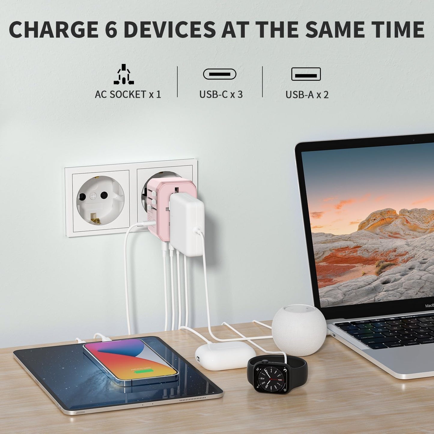 EPICKA Universal Travel Adapter, International Power Plug Adapter with 3 USB-C and 2 USB-A Ports, All-in-One Worldwide Wall Charger for USA EU UK AUS (TA-105C, Pink)