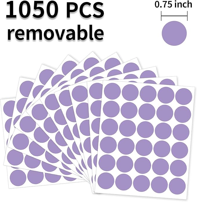 0.75 Inch Removable Color Code Dot Sticker Round Labels,Garage Sale Stickers Price Tags Label Blank Yard Sale Circle Dot Stickers(1050 Pack,Purple)
