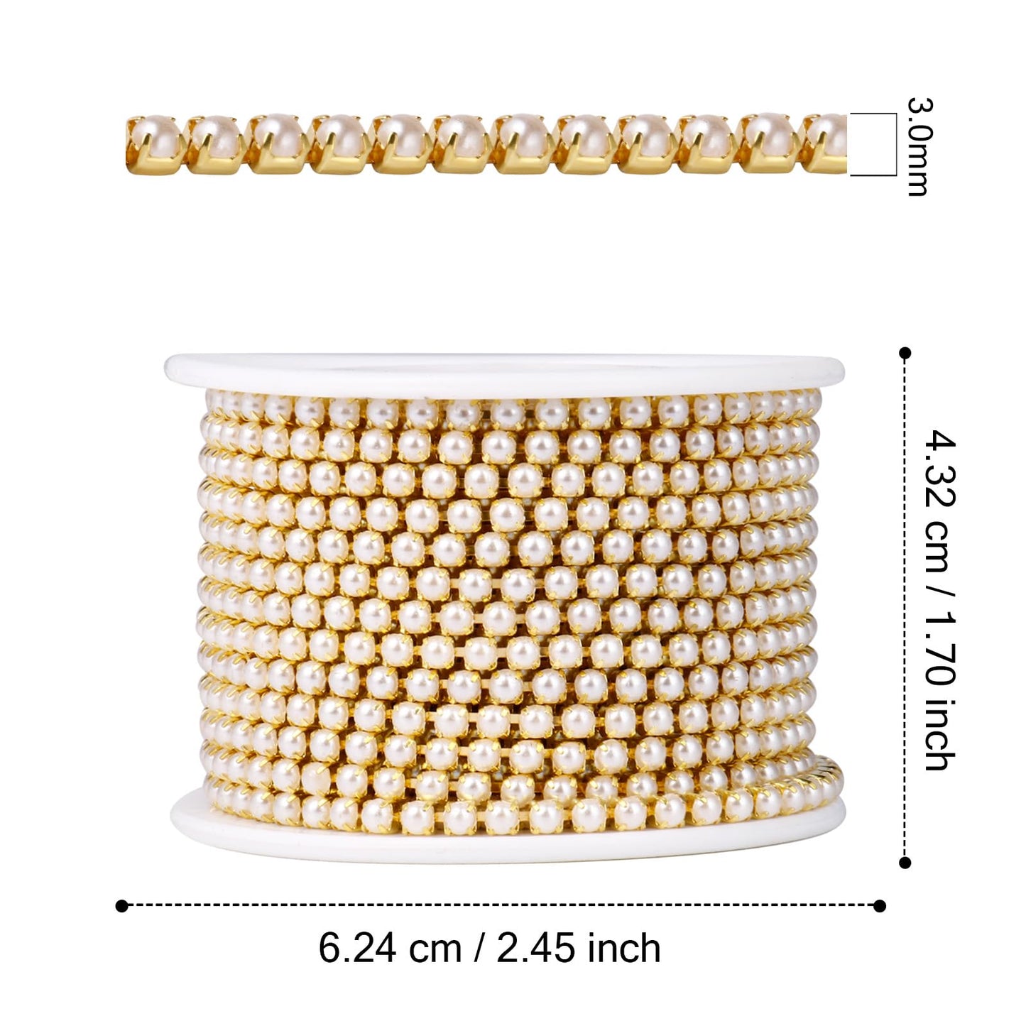 Pearl Trim Close Chain, [10 Yards/ 3.0MM] Gold Pearl Beaded Cup Chain Applique Trim for Sewing Crafts DIY Jewelry Making Clothing Wedding Party Decoration