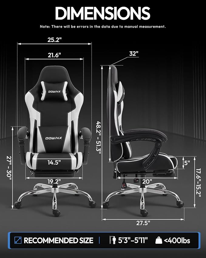 Dowinx Ergonomic Gaming Chair with Footrest & Massage Lumbar, 2D-Linkage Armrests for Computer Chair 330lbs with Headrest Pillow for Office, Home, Streaming and Long Gaming Sessions, White