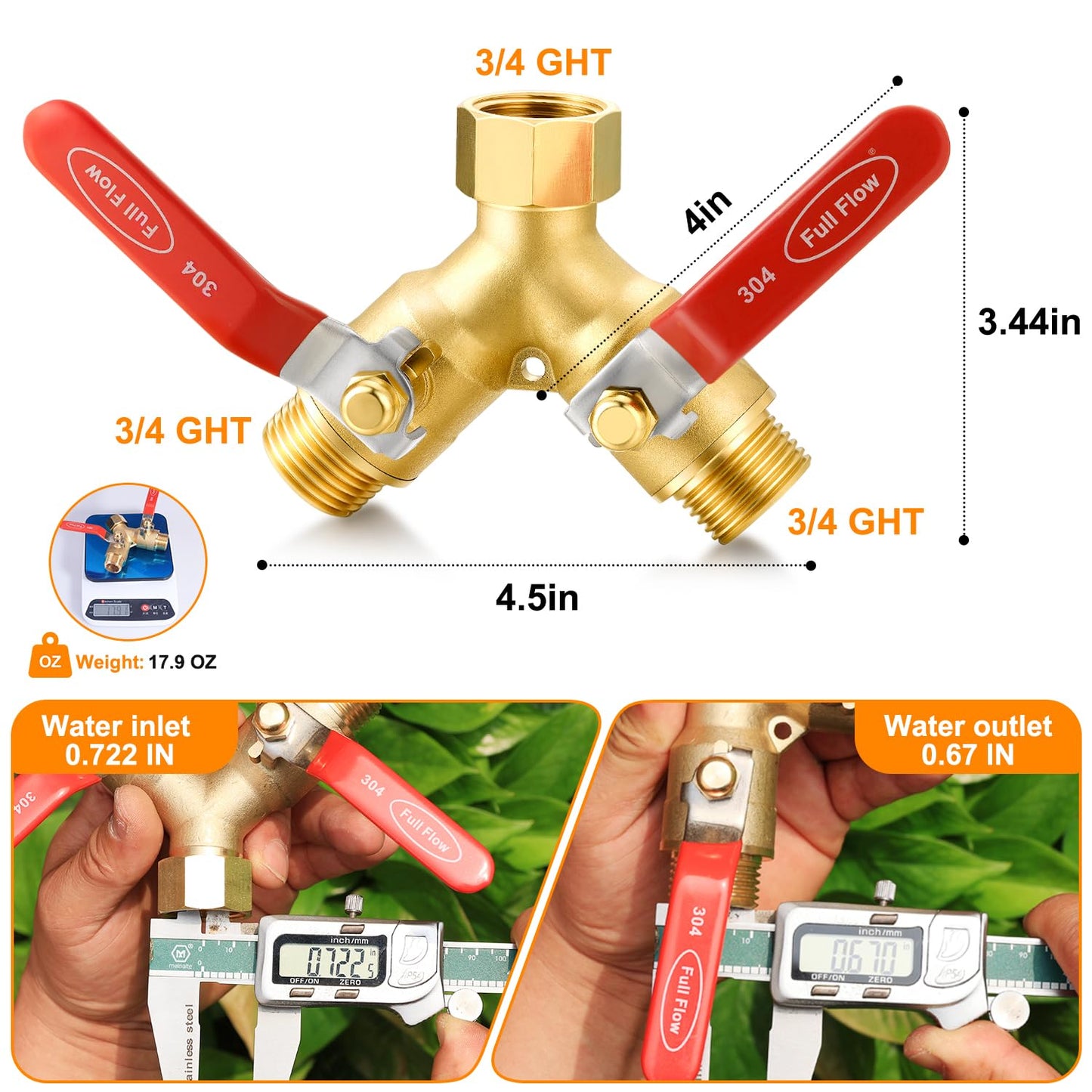 SIGURANTA Garden hose splitter, full-flow, heavy-duty brass 2-way high flow, outdoor faucet Y-valve closure diverter connector, garden hose high-flow diverter adapter. (2-Way Full Flow 1PCS)