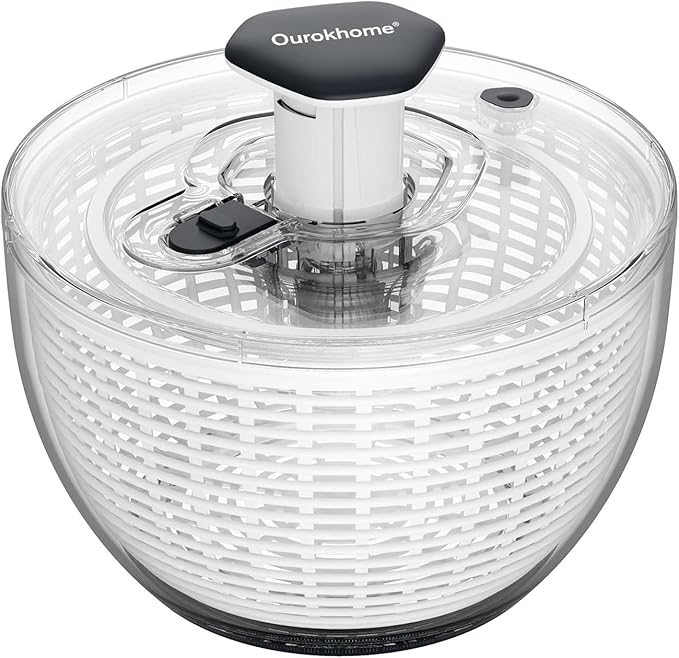Ourokhome Salad Spinner Lettuce Dryer, One-handed Easy Press Large Vegetable Dryer Salad Mixer with Comfortable and Retractable Pusher and Brake Button for Greens, Herb, Berry, Fruits, 6.3 QT, Black