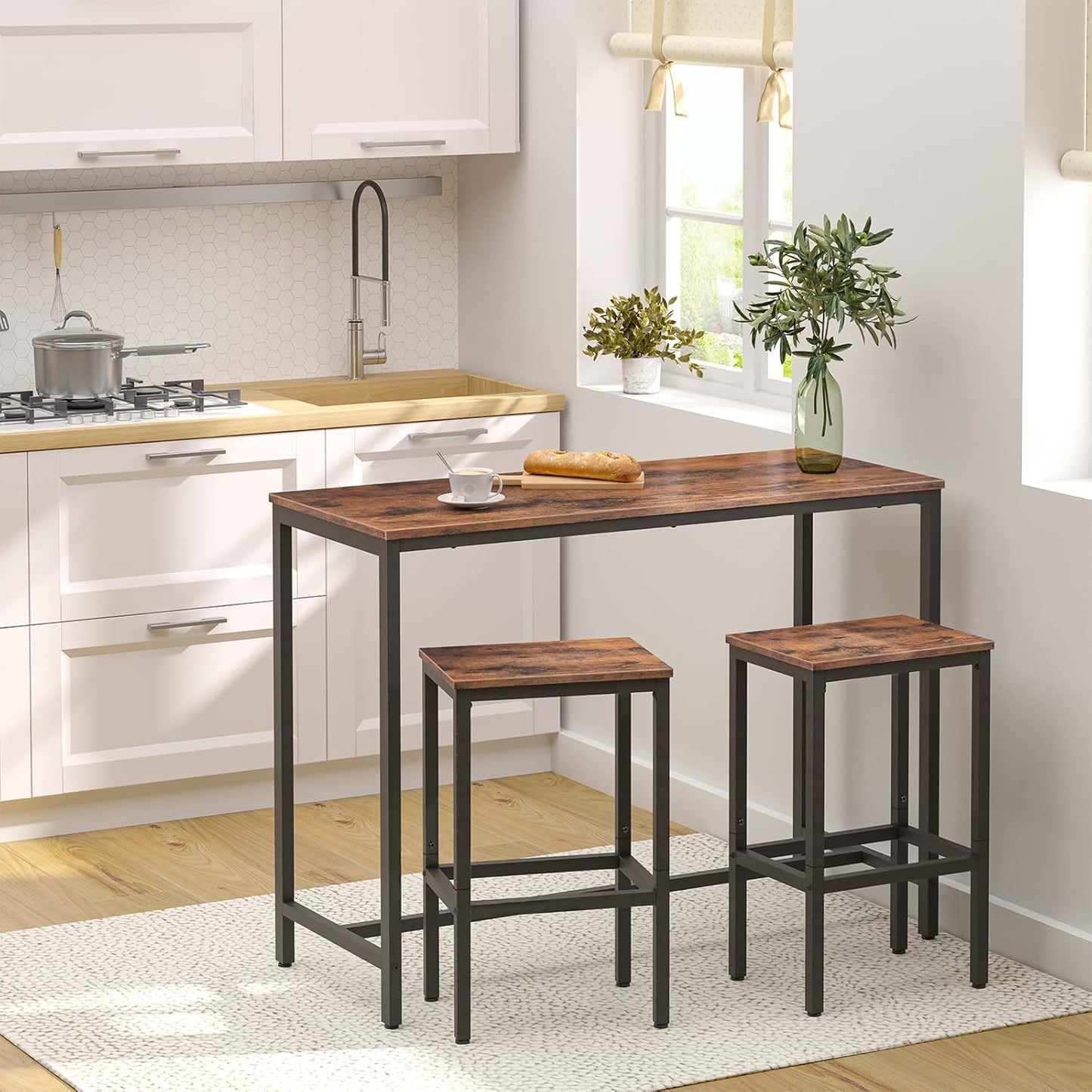 HOOBRO Bar Stools, Set of 2 Bar Chairs with Footrest, Black Steel Frame, Adjustable Feet, for Living Room, Dining Room, Kitchen, Industrial Design, Rustic Brown BF65BY01G1