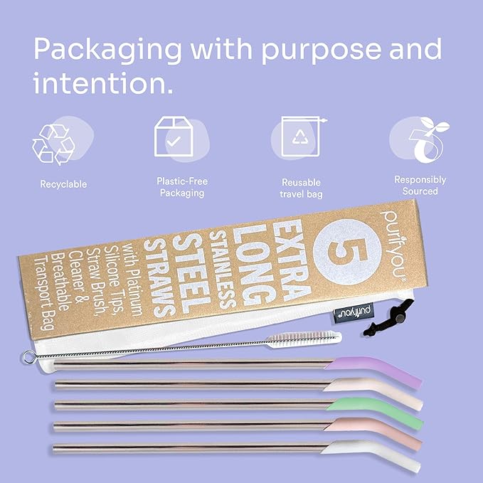 purifyou 14.5" Stainless Steel Straws with Pastel Colored Silicone Tips, Extra Long & Wide Reusable Metal Straws for Tumblers, Smoothies (Set of 5 with Brush)