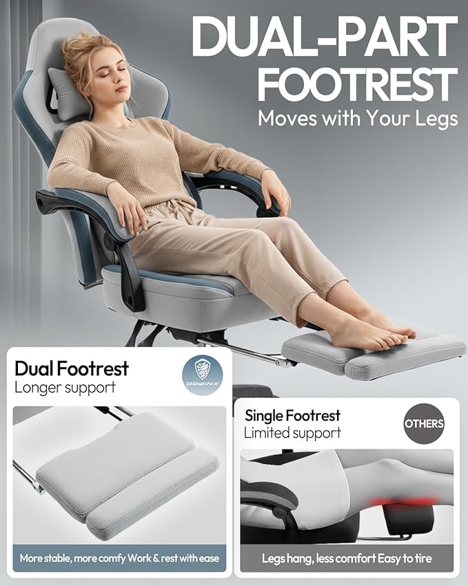 Dowinx Gaming Chair with Footrest, Breathable Fabric Gamer Chair with Gel Pad and Storage Bag, Ergonomic Office Chair with Lumbar Support for Home Task,Grey