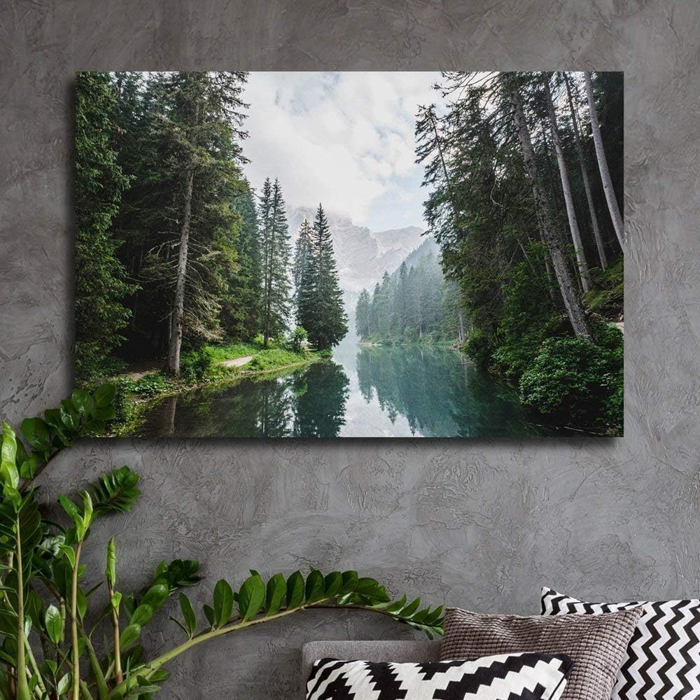 wall26 Canvas Print Wall Art Fall Green Forest with Lake Reflection Nature Wilderness Photography Modern Art Rustic Scenic Colorful Multicolor for Living Room, Bedroom, Office - 32"x48"