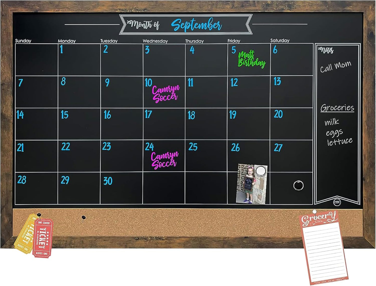 Loddie Doddie Rustic Framed Magnetic Chalkboard Calendar & Bulletin Board - 24 x 36 in Rustic Alloy Steel Frame - Cork Bulletin & Magnet Display - Kitchen & Wall Calendar Board