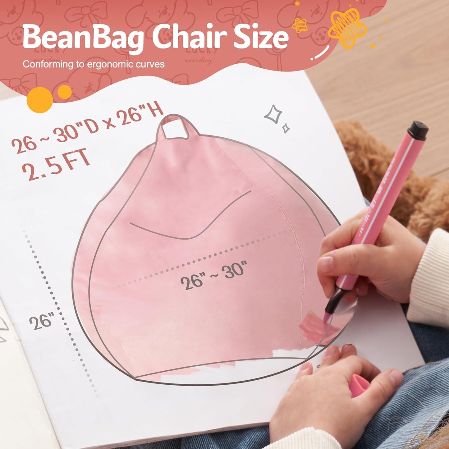 Homguava 2FT Bean Bag Chair: 2' Bean Bags with Memory Foam Filled,Comfy Beanbag Chairs Round Bean Bag Sofa with Dutch Velvet Cover-Light Pink