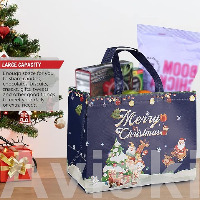 16PCS Christmas Gift Bags, Non-Woven Treat Tote Christmas Bags with Handles for Gifts Wrapping Shopping, Xmas Party Supplies, 12.8"×9.8"×6.7"