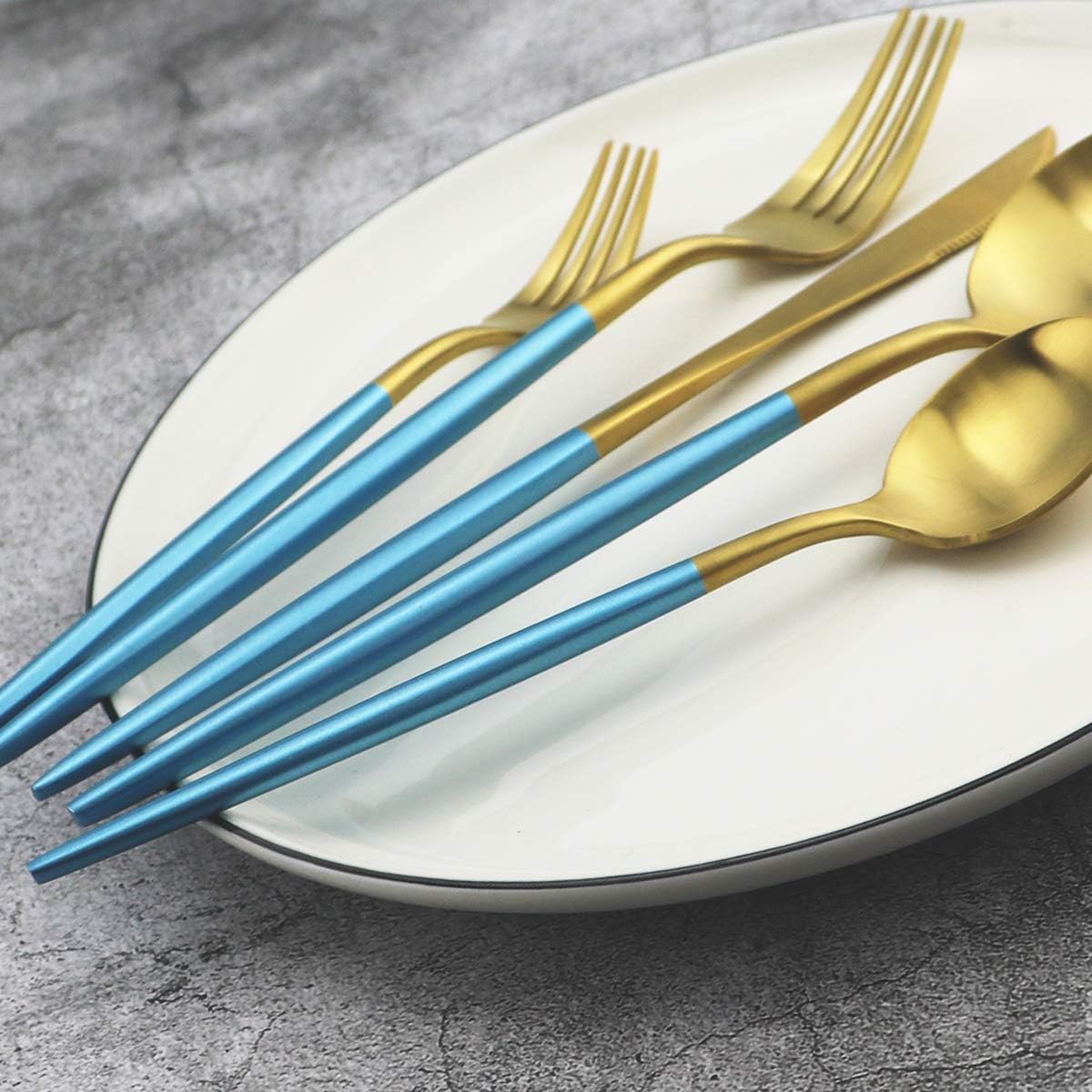 Gugrida Blue Handle Matte Gold Silverware Set - 5-Piece 18/10 Stainless Steel Satin Finish Flatware, Kitchen Utensils, Tableware Travel Cutlery for Camping, Office, School Lunch - Dishwasher Safe