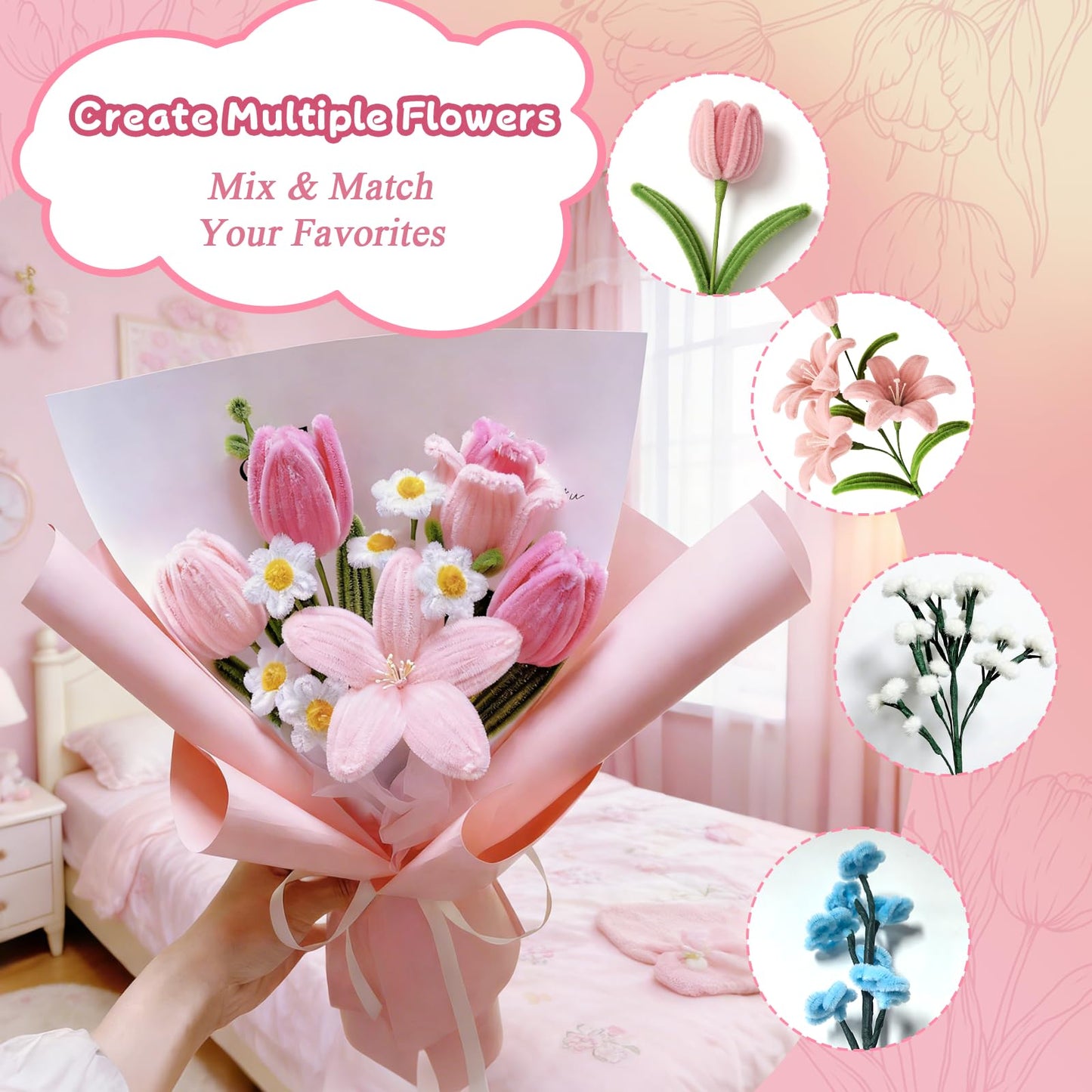 Qiorgar 680 PCS Pipe Cleaner Flower Crafts Kit – 5 Colors Bulk Pipe Cleaners for DIY Pink Flowers, All in One Chenille Stems Art and Craft Supplies for Gift
