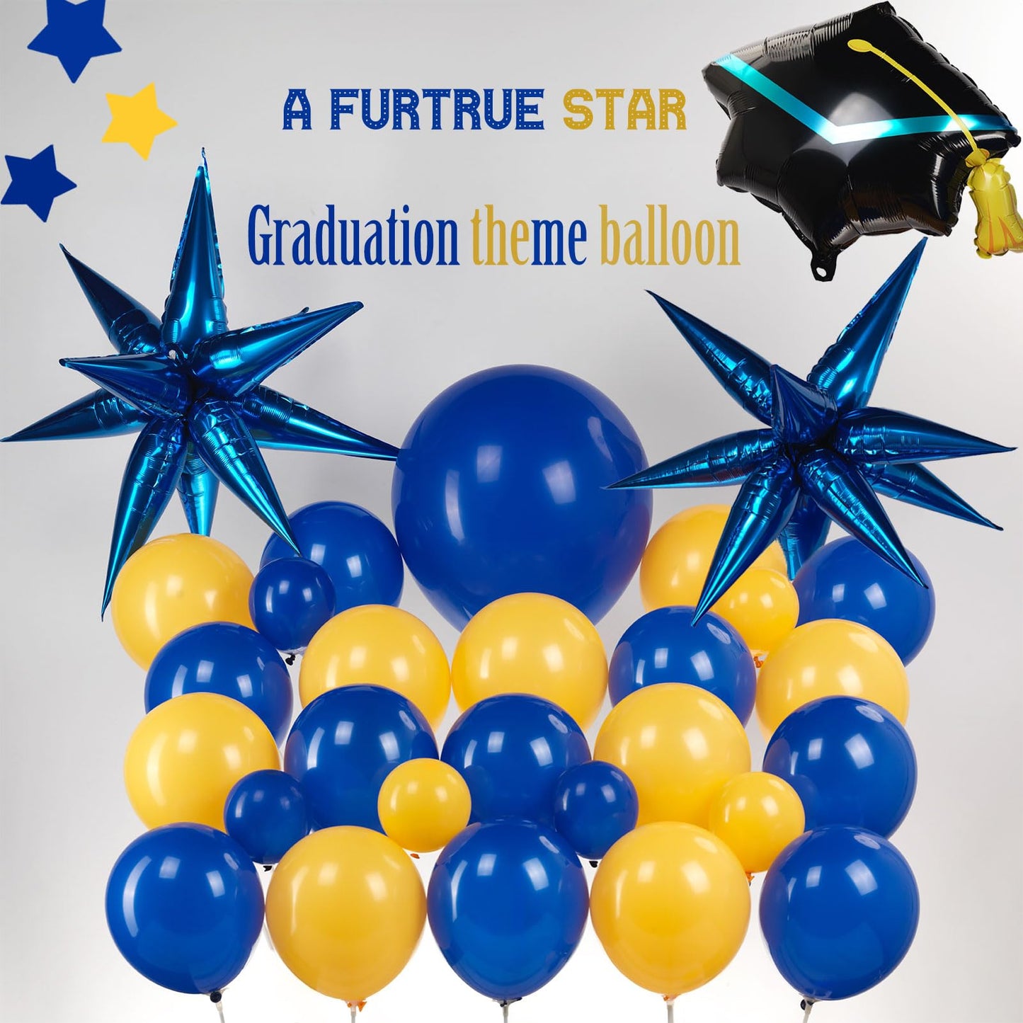 kozee royal blue and yellow balloon garland arch kit 150+pcs with graduation cap Blue star mylar balloons for Men birthday 2026 Graduation Ceremony Prom decorations