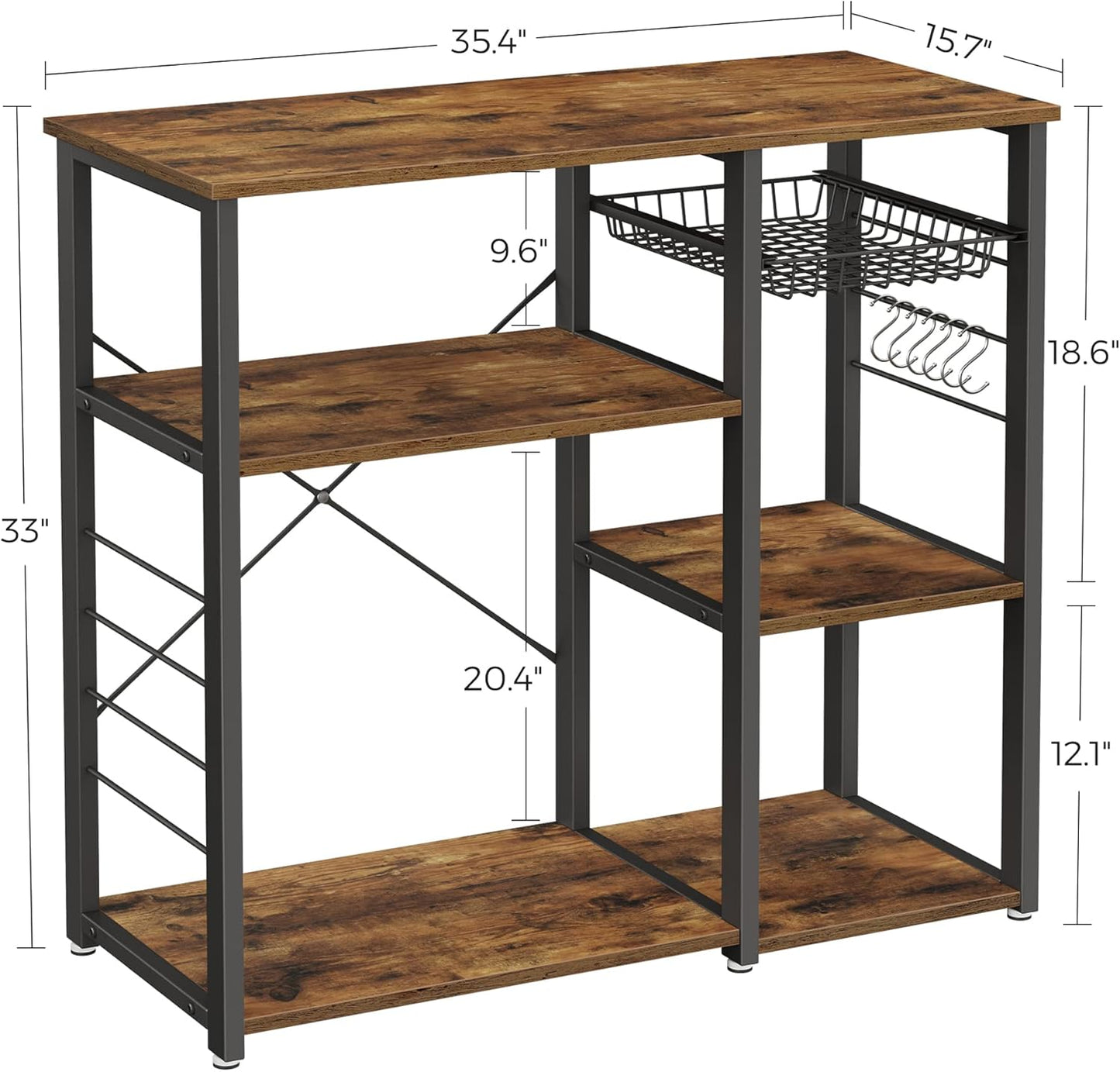 VASAGLE ALINRU Kitchen Baker’s Rack, Coffee Bar, Microwave Oven Stand, with Steel Frame, Wire Basket, 6 Hooks, 35.4", Rustic Brown