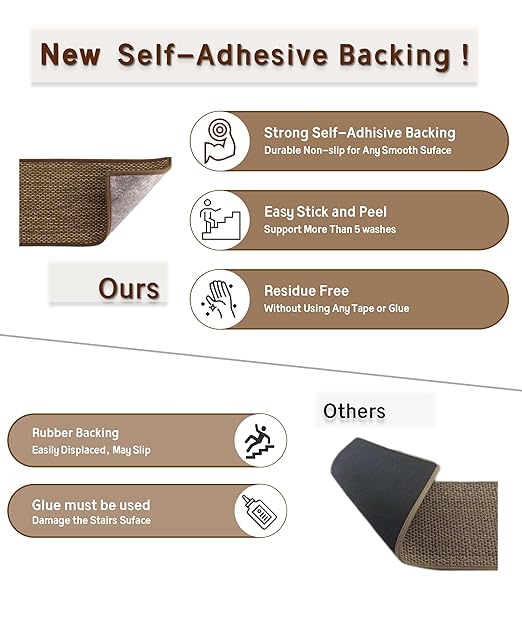 Natural Linen Stair Treads for Wooden Steps, 4 Pcs 8" x 30",Non Slip Stair Runner, Peel and Stick Carpet Indoor for Kids Elders and Pets (4, Brown, 8" x 30")