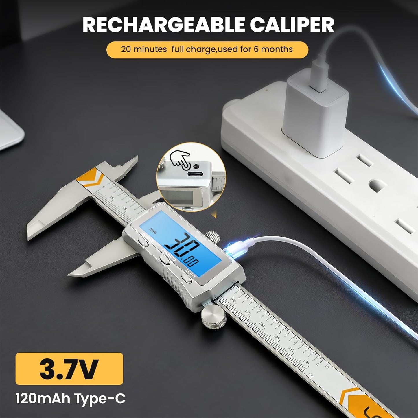 Digital Caliper, Rechargeable Caliper Measuring Tool with Backlight LCD Screen,Vernier Dial Caliper Stainless Steel with Auto-Off Feature,Inch Metric Fraction Conversion, for Jewelers/Woodworkers/DIY