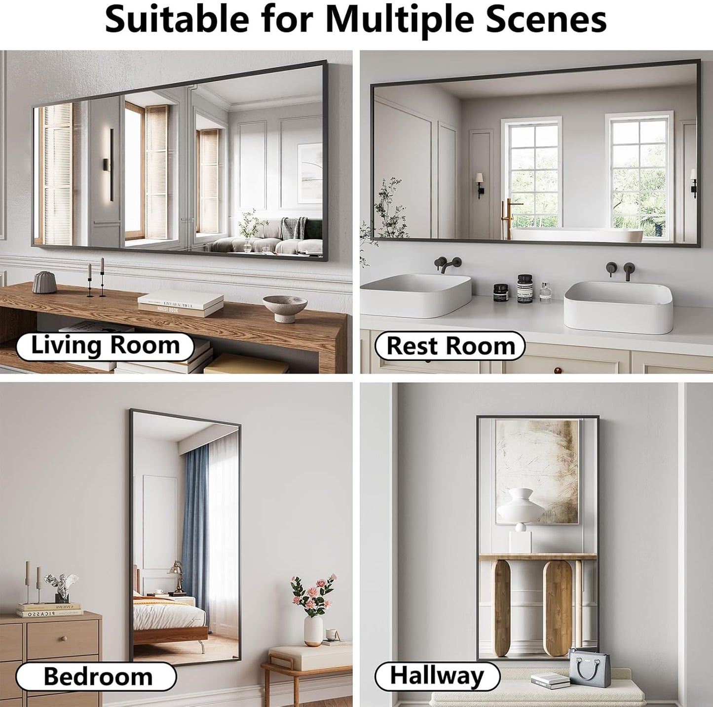 Koonmi Bathroom Mirror 30x60 Bathroom Wall-Mounted Mirrors, Modern Vanity Mirror for Bedroom, Living Room, Aluminum Alloy Frame Allow to Hang Horizontally or Vertically
