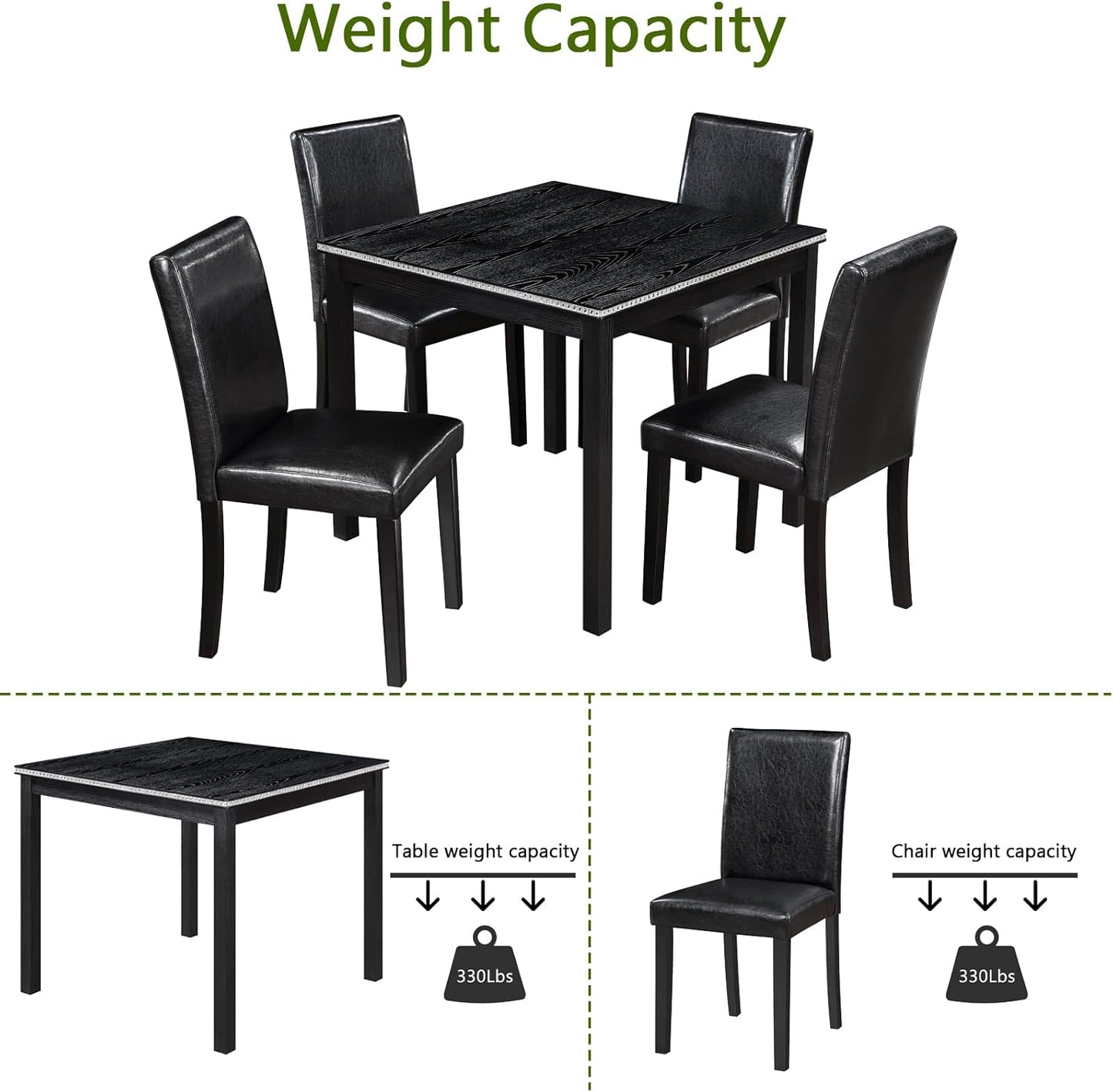 KEIKI 5-Piece Standard Height Dining Table Set with Square Table and 4 Upholstered Chair, for 4 Person, Classic Crystal Decoration Wood Table Set, Easy Assembly, for Kitchen, Dining Room, Black