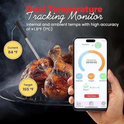 Meat Thermometer Digital Wireless –IP67 Waterproof, 48h Battery Life, Grill Thermometers with 820ft Range, Rechargeable Probe, Bluetooth Wireless Meat Thermometer for BBQ, Smoker, Oven