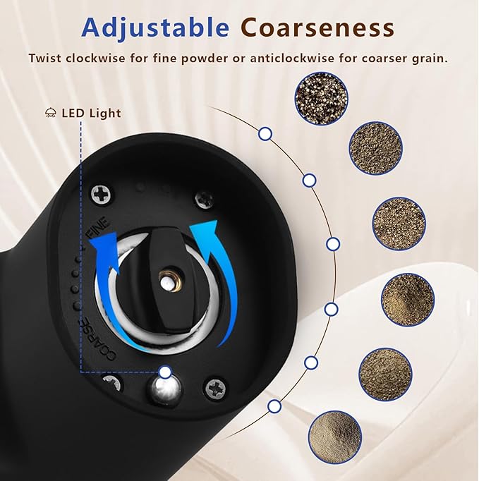 Electric Salt Pepper Grinder Set Rechargeable, Automatic Pepper Mill Shakers with LED Light, Adjustable Coarseness, Dust cover, One-Hand Operation for Kitchen, Black