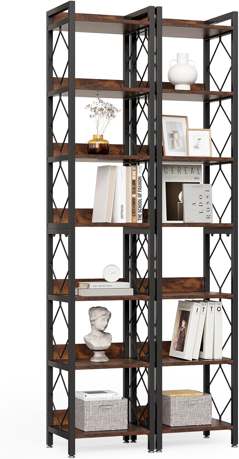 LITTLE TREE Book Shelf Set of 2, 7-Tier Tall Bookcase, Wooden Display Shelves with Metal Frame for Living Room, Modern Narrow Standing Bookshelves for Bedroom, Brown Office Shelf for Small Spaces